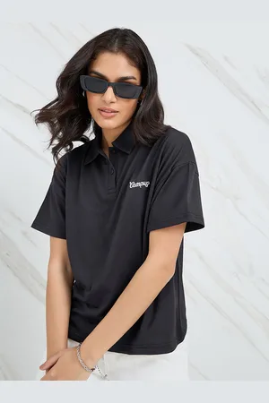 Styli Black Polo Collar Drop-Shoulder Sleeves Boxy T-shirt