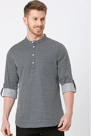 VALEN CLUB Floral Printed Band Collar Roll Up Sleeves Cotton A-Line Kurta
