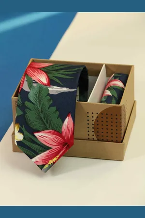 Tossido Men Floral Printed Cotton Necktie & Pocket Square