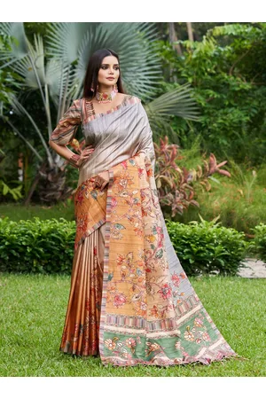 Mitera Orange & Green Floral Printed Pure Silk Saree