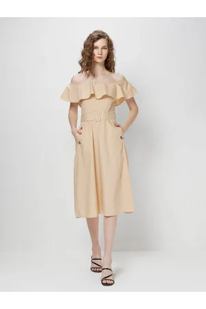 COVER STORY Beige Off-Shoulder Flutter Sleeves Belted Pure Cotton Fit & Flare Midi Dress