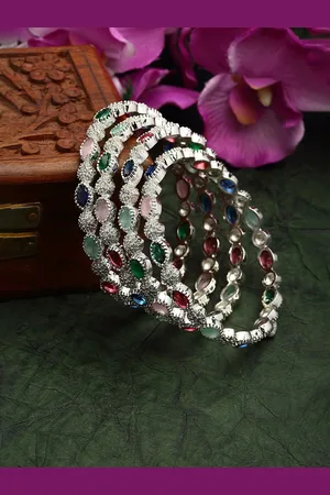 Zeneme Set Of 4 Rhodium-Plated AD-Studded Handcrafted Bangles