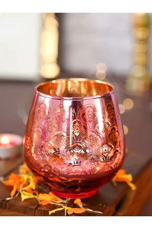 MARKET99 Rose Colour & Gold Toned 2 Pieces Textured Glass T-Lite Holder