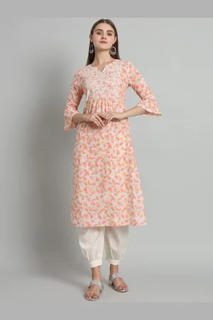 akheri Floral Printed Thread Work Flared Sleeves Pure Cotton Pleated Straight Kurta