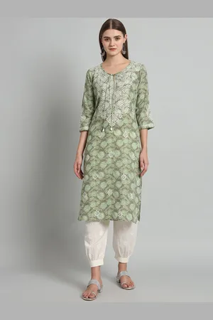 akheri Floral Printed Tie-Up Neck Chikankari Pure Cotton Straight Kurta