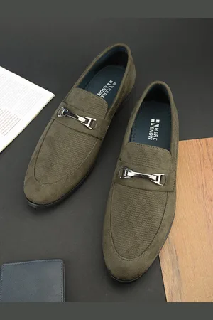 HERE&NOW Men Olive Green Textured Horsebit Formal Loafers