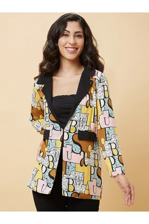 Globus Brown Typography Printed Long Sleeves Open Front Jacket