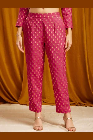 Pink Fort Women Smart Tapered Fit Self Design Silk Pleated Trousers