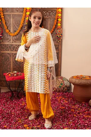Cherry & Jerry Girls Ethnic Motifs Embroidered Chikankari Pure Cotton Kurta Set