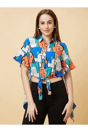 Globus Blue Abstract Printed Waist Tie-Ups Shirt Style Top