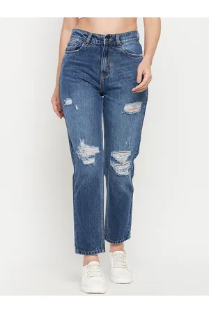 MADAME Women Mildly Distressed Comfort Cotton Mom Fit Light Fade Jeans