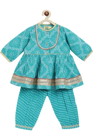 Tiber Taber Girls Bandhani Printed Anarkali Gotta Patti Pure Cotton Kurti With Salwar