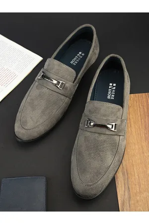 HERE&NOW Men Grey Textured Horsebit Formal Loafers