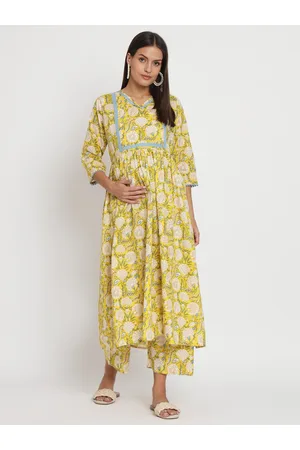 Aujjessa Maternity Floral Printed Lace Detail A-Line Pure Cotton Kurta with Palazzos