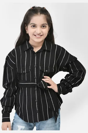 Crimsoune Club Girls Striped Waist Tie Ups Pure Cotton Shirt Style Top