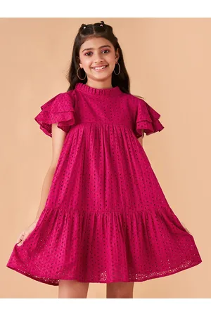Cherry & Jerry Girls Self Design Tiered Flutter Sleeved Cotton Schiffli A-Line Dress