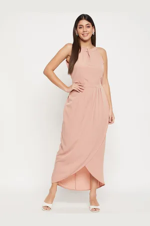 Color Cocktail Halter Neck Crepe Maxi Dress