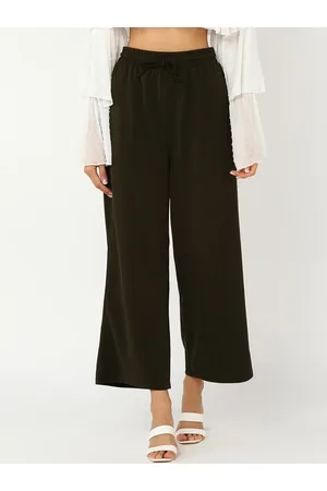 Mast & Harbour Olive Green Women High-Rise Flared Fit Parallel Trousers