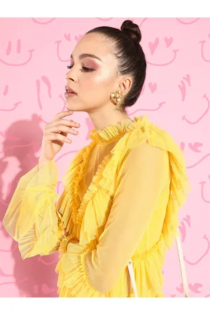 KASSUALLY Women Bright Yellow Solid Tulle Dress