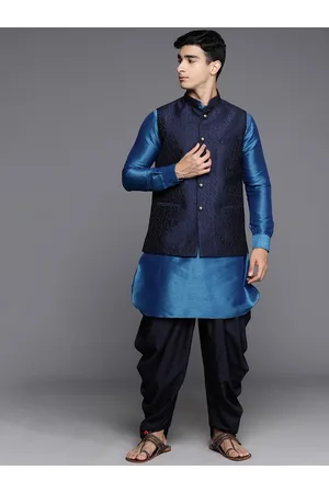 MANU Men Solid Kurta with Dhoti Pants & Self Designed Nehru Jacket