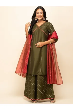 FIORRA Ethnic Motifs Printed V-Neck Zari Detail Empire Kurta With Palazzos & Dupatta