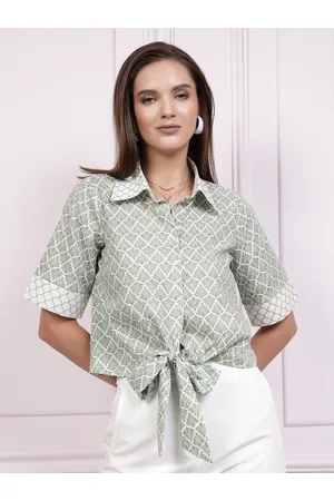 ATHENA Floral Printed Tie-Up Detail Cotton Shirt Style Top