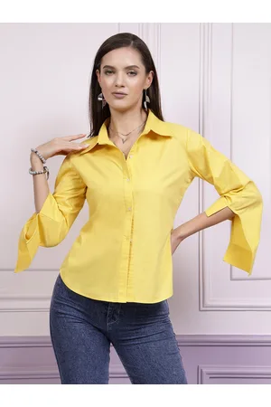 ATHENA Yellow High Low Cuff Cotton Shirt Style Top