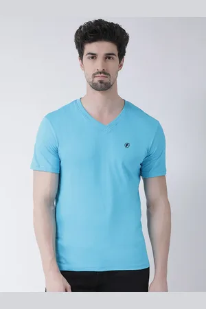 Friskers Men Blue Solid V-Neck Pure Cotton T-shirt