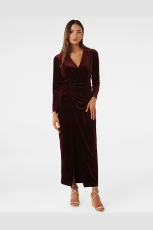 Forever New V-Neck Long Sleeves Gathered Ruched Velvet Maxi Dress