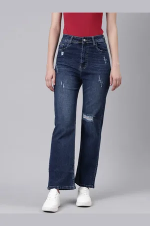 SHOWOFF Women Mid Rise Straight Fit Mildly Distressed Light Fade Stretchable Jeans