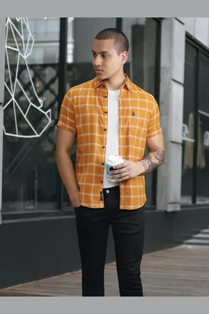Ralph Lauren U S Polo Assn Denim Co Men Mustard Slim Fit Checked Pure Cotton Casual Shirt