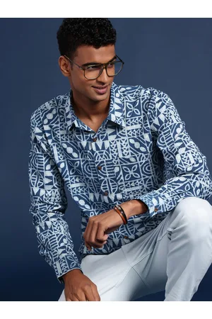 Taavi Men Comfort Organic Indigo Hand Block Geometric Printed Pure Cotton Casual Shirt