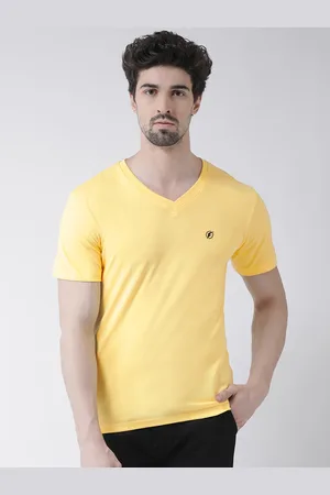 Friskers Men Yellow Solid V-Neck Pure Cotton T-shirt