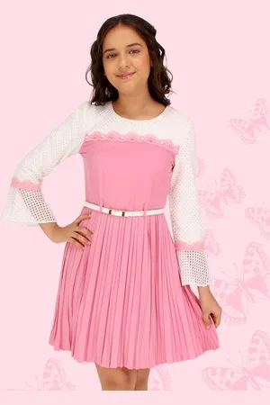 CUTECUMBER Girls Self Design Bell Sleeves Belted Pleated Lace Fit & Flare Dress
