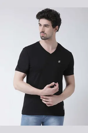 Friskers Men Black Solid V-Neck Pure Cotton T-shirt