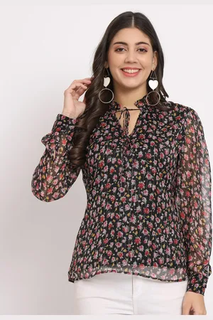 CHARMGAL Floral Printed Tie-Up Neck Cuffed Sleeve Chiffon Regular Top