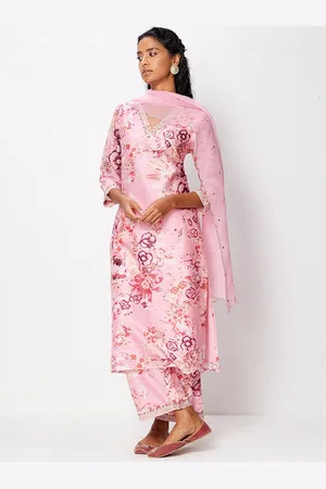 Ancestry Floral Printed Thread Work Chanderi Silk Straight Kurta