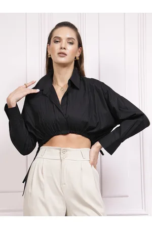 ATHENA Black Cotton Shirt Style Crop Top