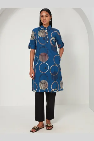 Ancestry Geometric Printed Shirt Collar Roll Up Sleeves Straight Kurta
