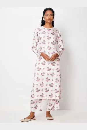 Ancestry Floral Printed Round Neck Satin Kurta