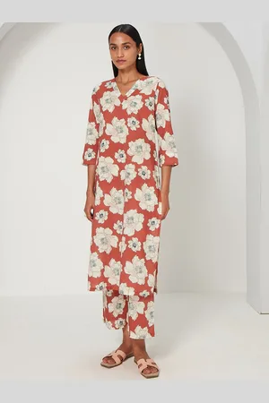 Ancestry Floral Printed V-Neck Cotton Straight Kurta