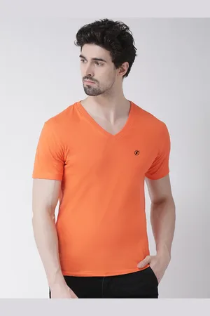 Friskers Men Orange Solid V-Neck Pure Cotton T-shirt
