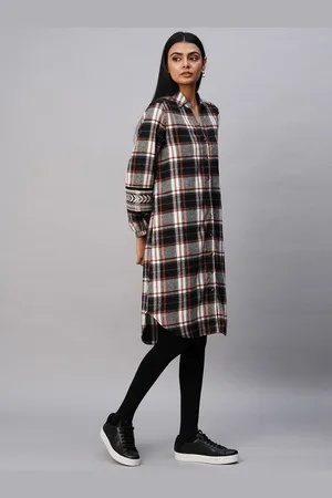 Chemistry Checked Shirt Collar Cuffed Sleeves Shirt Midi Dress