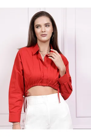 ATHENA Drop Shoulder Sleeves Cotton Shirt Style Crop Top