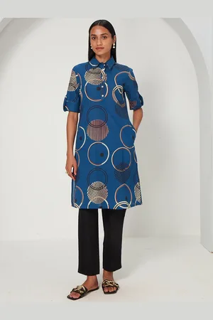 Ancestry Geometric Printed Shirt Collar Roll-Up Sleeves Cotton Straight Kurta