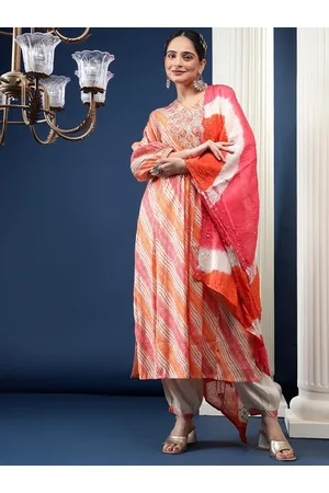 Bani Women Leheriya Printed Thread Work Pure Cotton Straight Kurta & Salwar With Dupatta