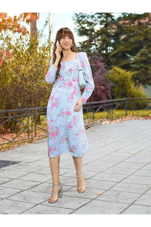 AND Blue & Pink Floral Printed A-Line Midi Dress