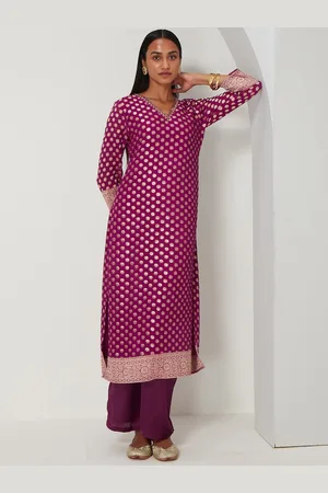 Ancestry Ethnic Motifs Woven Design Beads and Stones V-Neck Straight Kurta