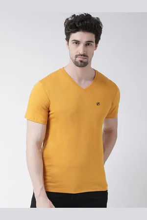 Friskers Men Mustard Yellow Solid V-Neck Pure Cotton T-shirt