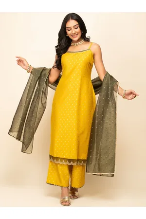 FIORRA Ethnic Motifs Printed Shoulder Straps Zari Straight Kurta With Palazzos & Dupatta